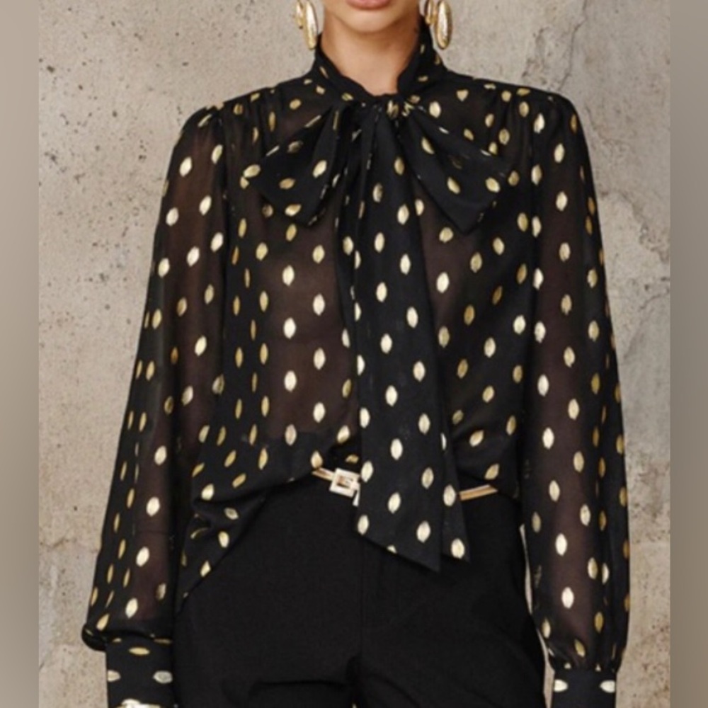 Commense Black and Gold Polka Dot Tie-Neck Blouse - Women Tops L